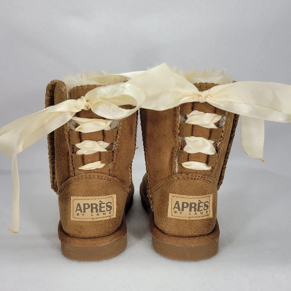 APRES Boots Toddlers 7C Brown Lamo Chestnut Shearling Snowboot Lace Bow Winter